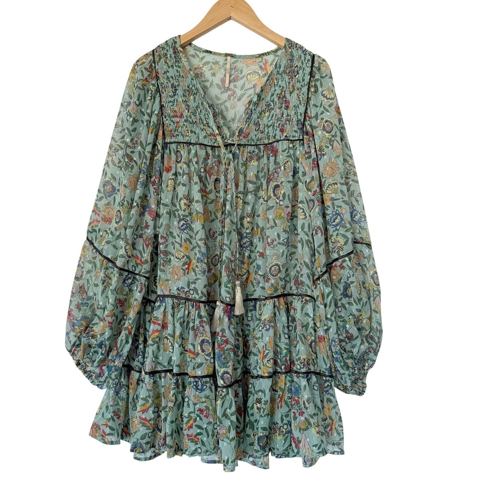 Free People Swing Dress Womens Small Green Floral Mini Boho Smocked Lurex